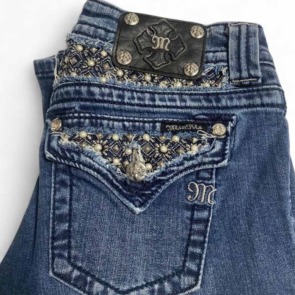 Miss Me Blue Boot Cut Jeans with Ornate Embellishments